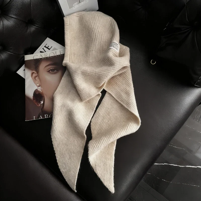 قبعة نسائية شتوية محبوكة من الصوف متعدد الألوان - وشاح بغطاء للرأس متكامل، عصرية دافئة للتزلج والرياضات الخارجية