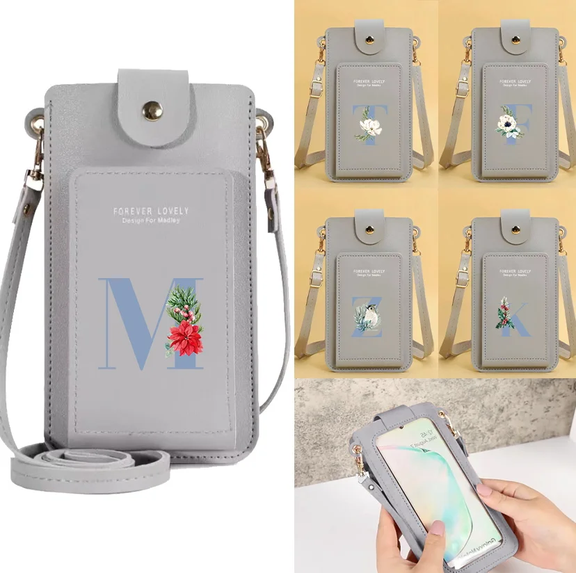 

Mobile Phone Pack Mini Female Messenger Purse Flower Blue Pattern Printing Series Fashion Simple Students Grey Phone Bags