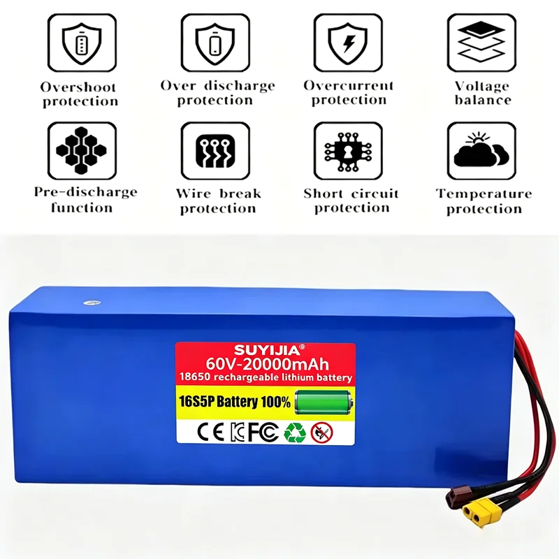 Pack Batterie Lithium 18650 Rechargeable 60V 20Ah 16S5P Grande Capacitéavec BMS Intégré Adaptable Trottinette et Vélo Électrique