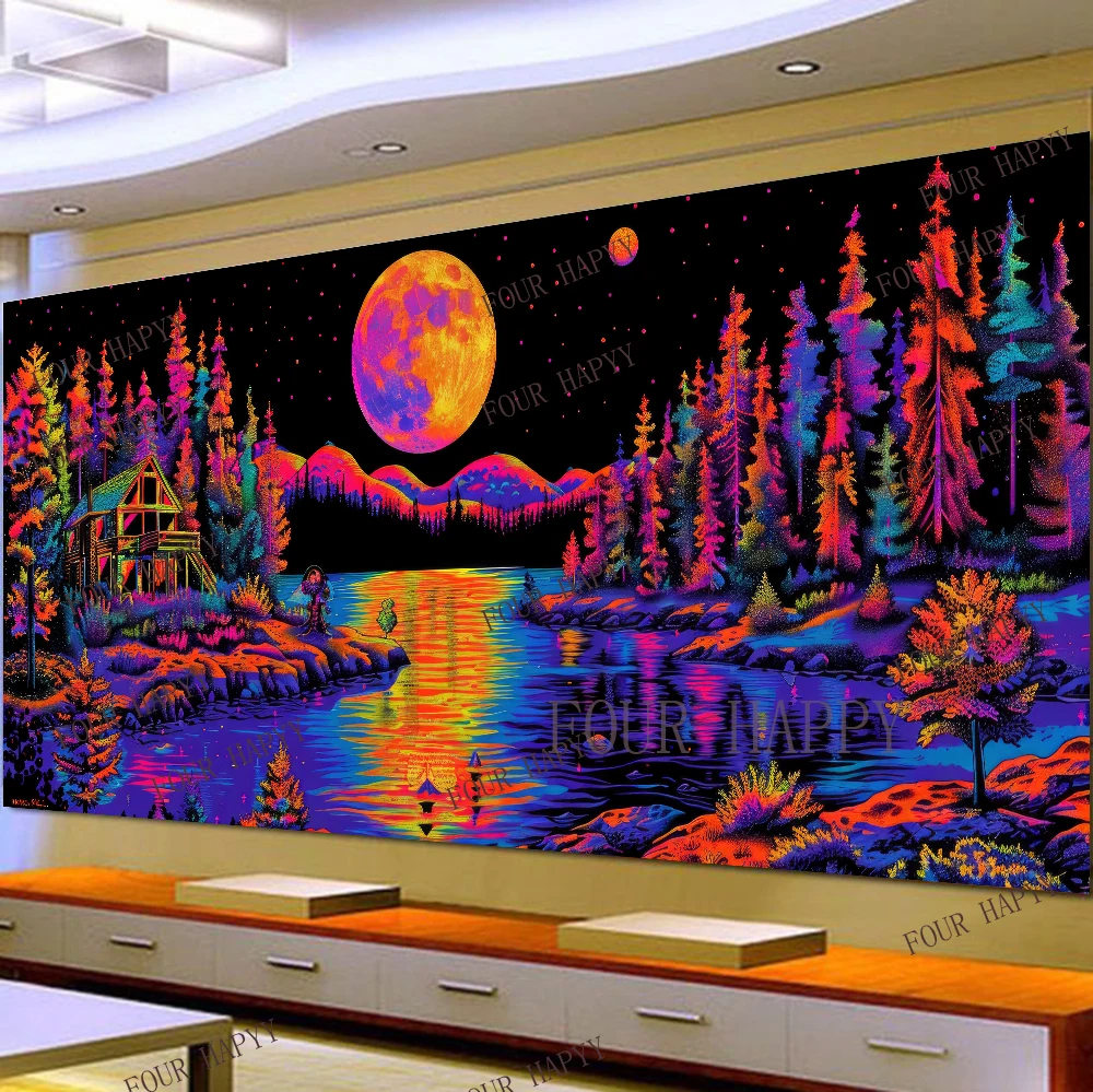 5D DIY Large Diamond Painting Cross Forest House Lake Colorful Night Landscape Wall Art, Full Round Drill, Embroidery Home Decor