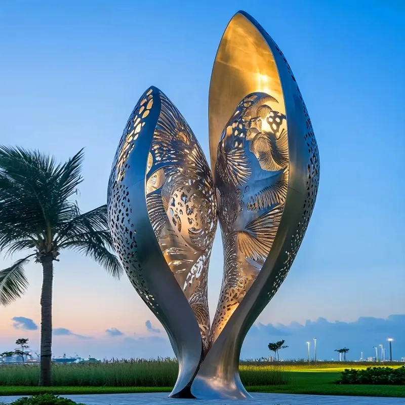 LED Glowing Double Leaf Fish Scale Stainless Steel Sculpture Custom Modern Decor For Outdoor City Park Waterside Plaza Landscape