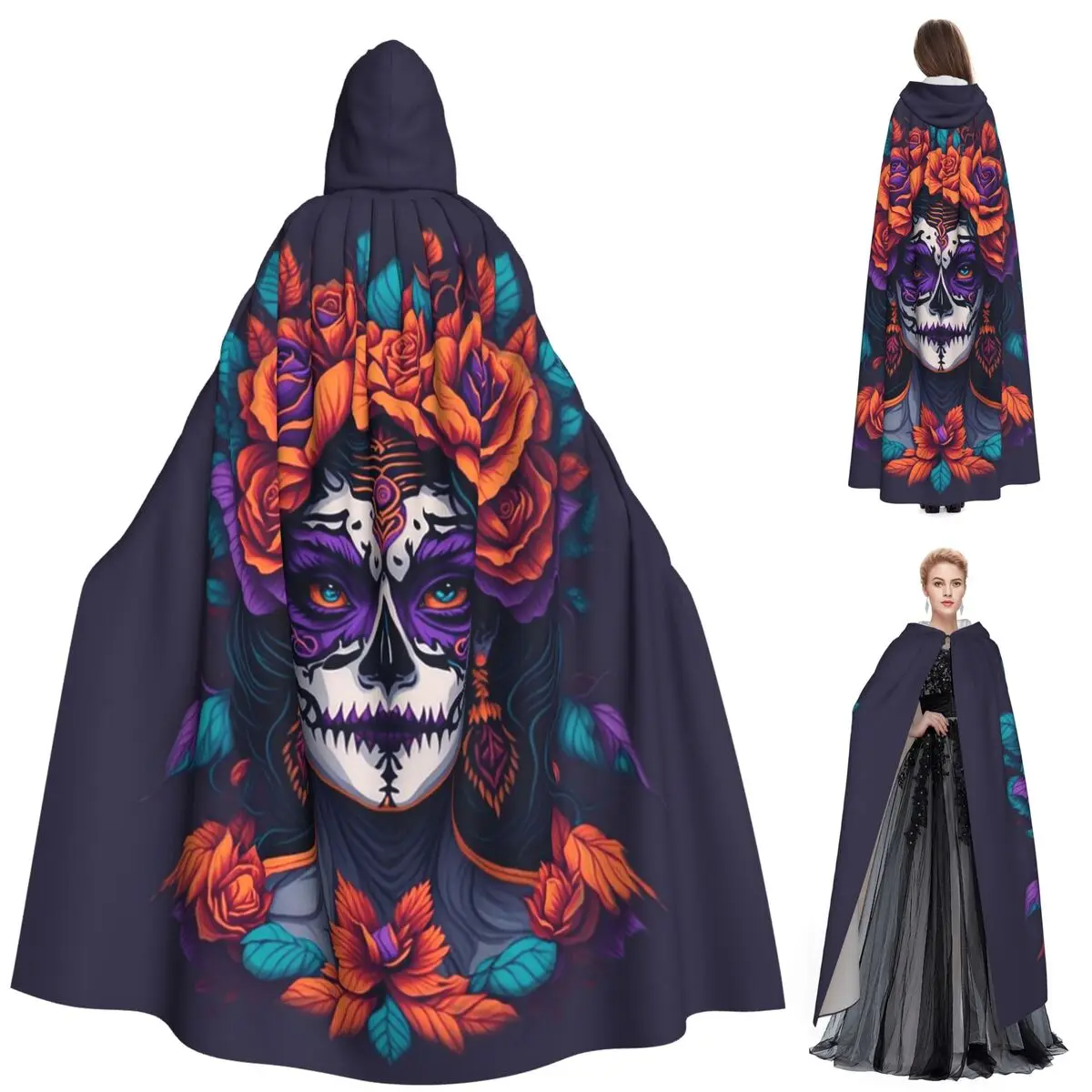 Catrina mexicana para niña, Día de los muertos, calavera de azúcar, capa larga con capucha, disfraz Medieval de bruja, capa de Cosplay, abrigo de Halloween Unisex