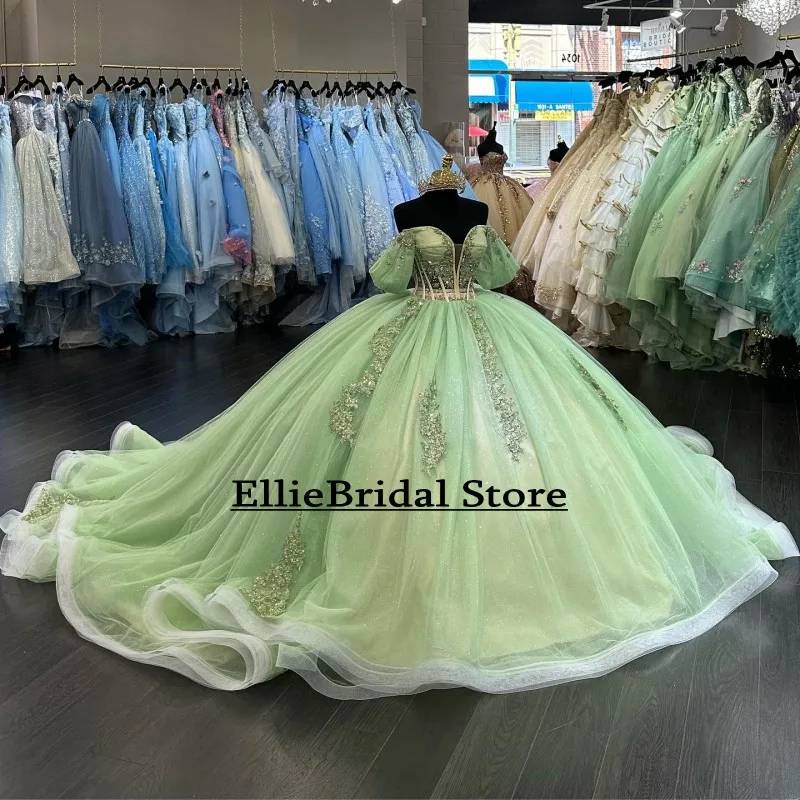 Princess Quinceanera Dresses 2025 Tulle Lace Vestidos De XV Años Off The Shoulder Short Sleeves Sweet 16 Prom Gowns Customized