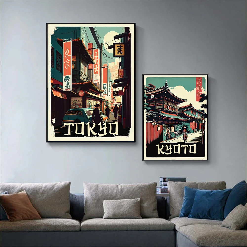 Retro Travel Poster Tokyo Kyoto City Landscape Canvas Poster Japanese Traditional Wall Art Eclectic Print Living Room Home Decor