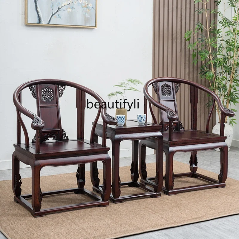 Palace 3-Piece Solid Wood round-Backed Armchair Taishi Chinese Style Classic Style Rosewood Reception Chair Ming and Qing Carved