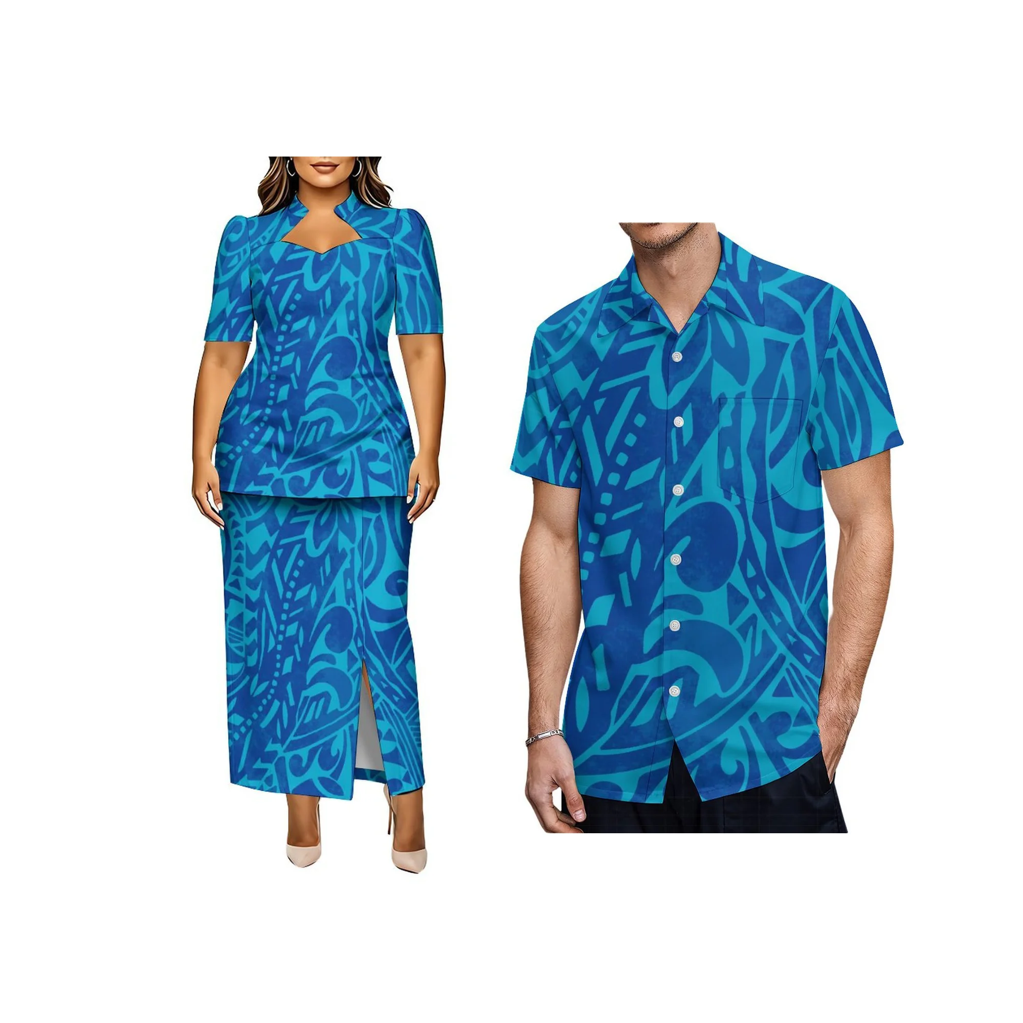 Polynesian Tribal Floral Leaf Print Plus Size Women Puletasi 2 Piece Set Stand Collar Keyhole Top Slit Long Skirt Outfit