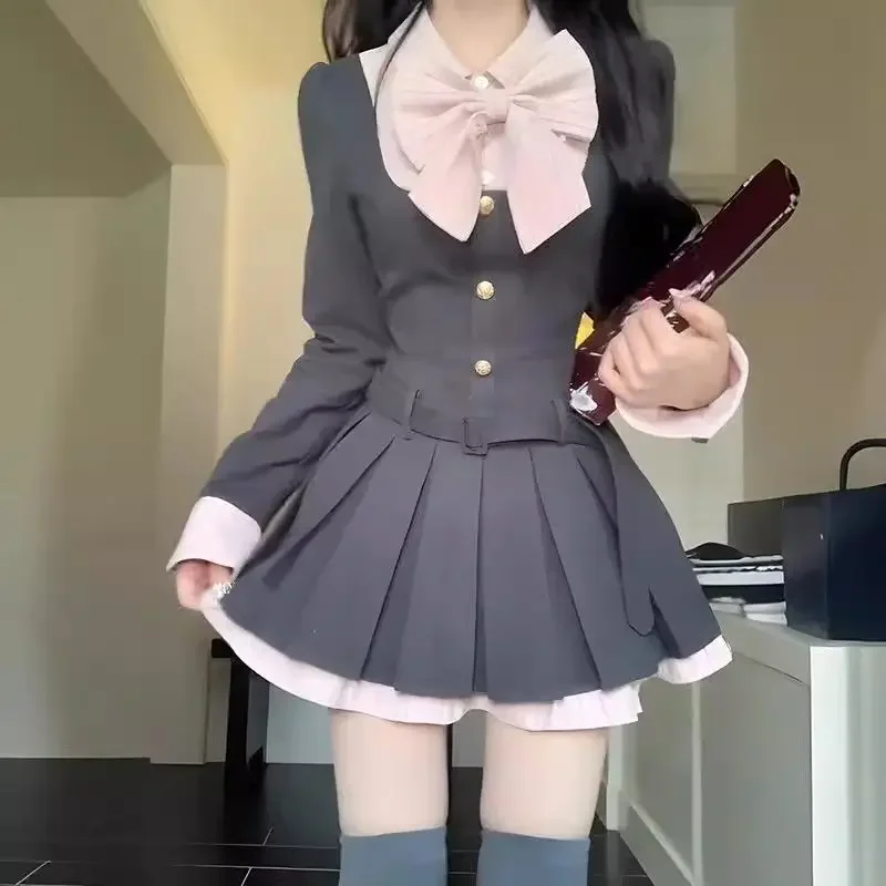 فستان على طراز Preppy للنساء للربيع بفيونكة مرقعة وخصر على شكل حرف A فساتين قصيرة أنيقة بأكمام طويلة للحفلات #4