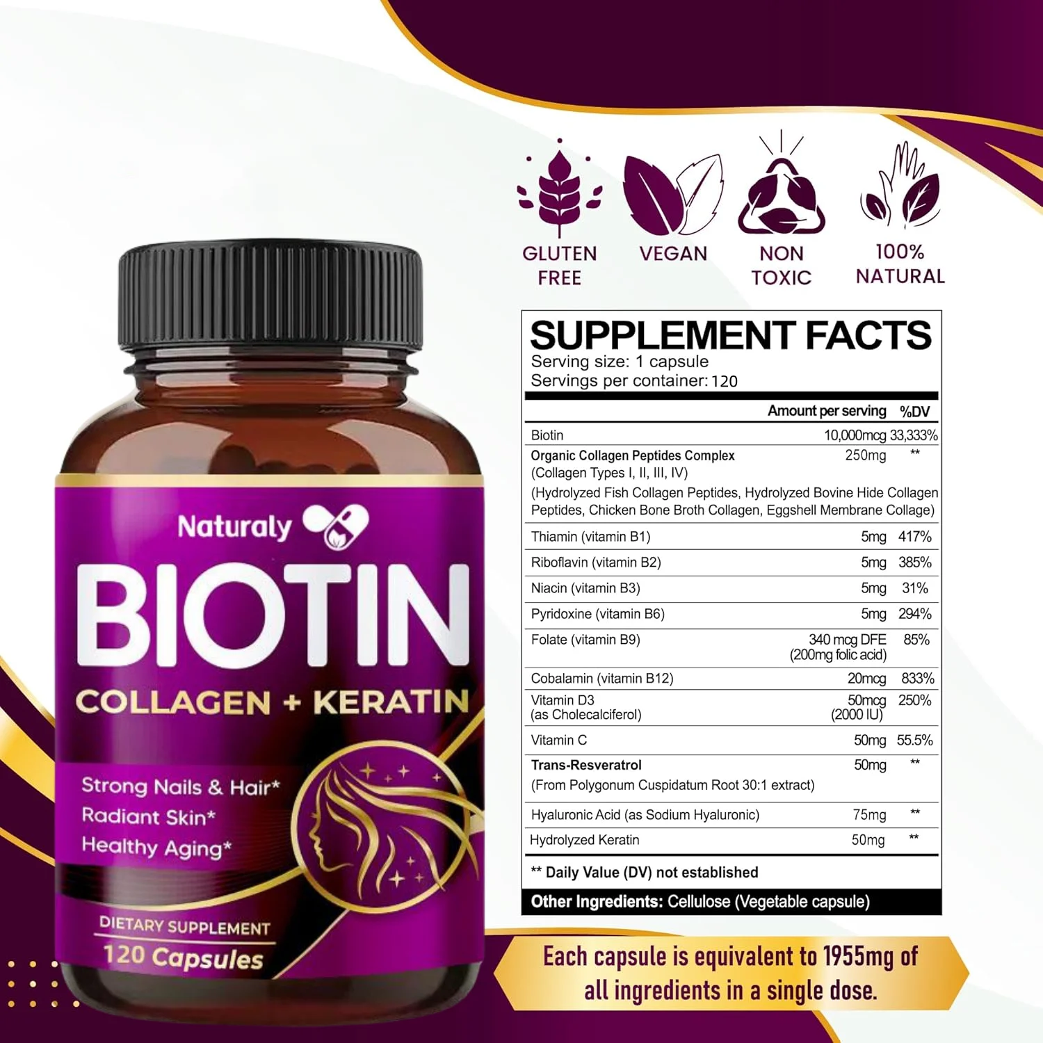 Collagen Biotin Capsules, Promotes Hair Growth, Strengthens Weak Nails, Anti-Aging, Supports Joints & Bones