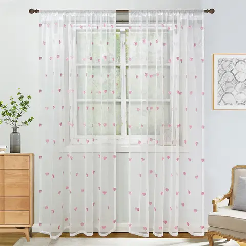 수 놓은 하트가있는 흰색 쉬어 메쉬 커튼, 어린이 방 장식을위한 귀여운 레이스 Voile 창 드레이프, 보육 거실