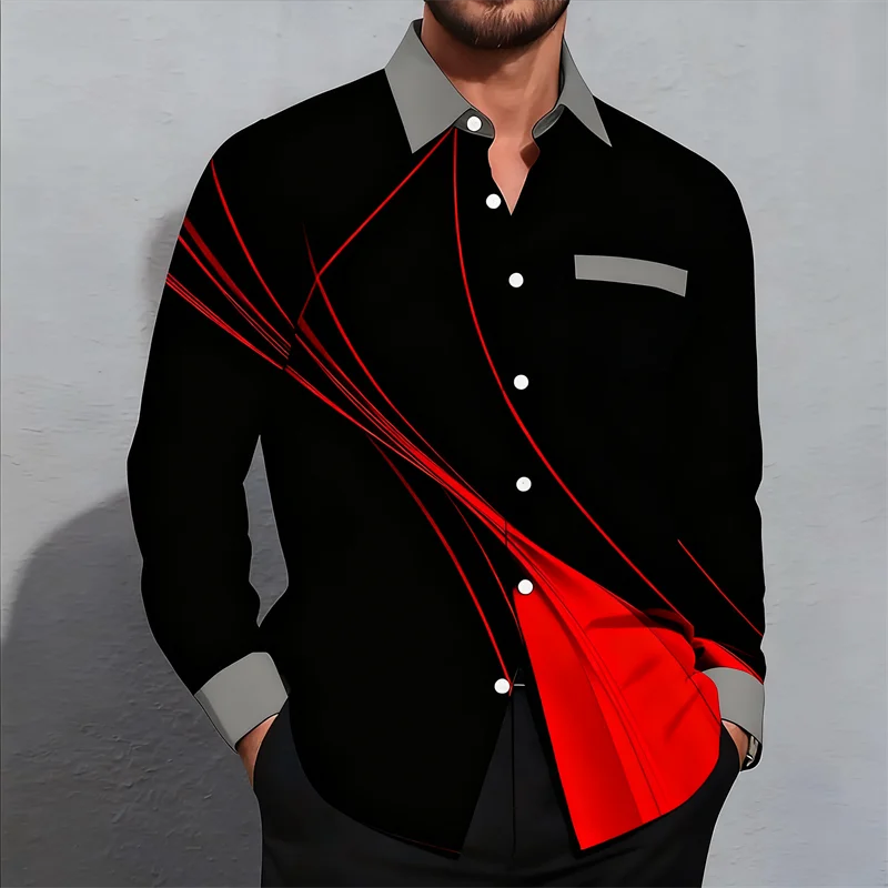New men's geometric gradient wave shirt button up shirt casual long sleeved fashionable street wear 3D printed shirt