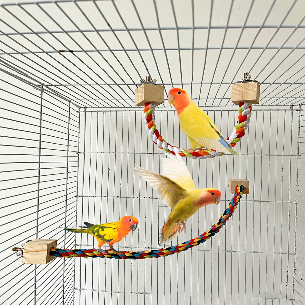 Pet Bird Rope Hanging Parrot Perch Rope Colorful Cotton Rope Toy Elastic Budgie Climbing Chewing Toy Bird Swing Stand Pet Toy