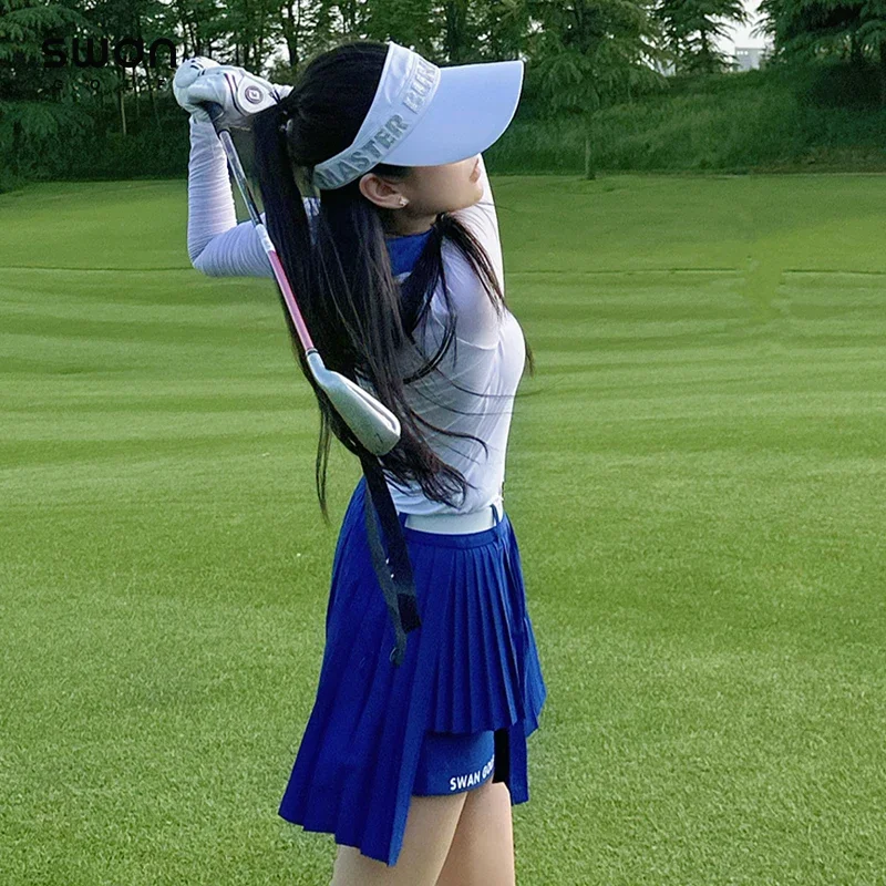 SG Women Thin Cooling Golf Wear Sunscreen Long-sleeved T-shirt Girl High Waist Pleated Skirt with Inner Shorts Golf Culotte Sets