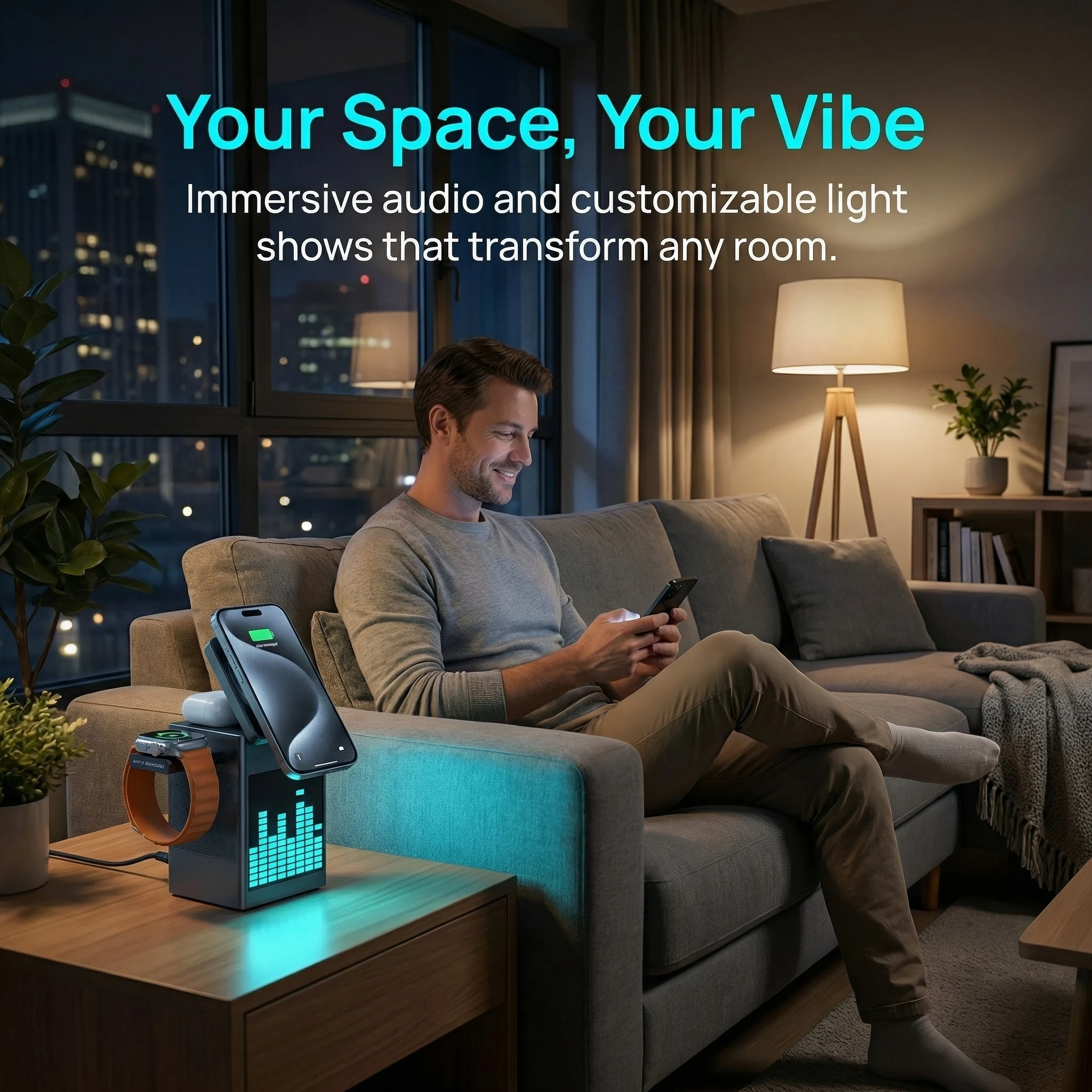 

Умная магнитная зарядная станция 6-в-1 с быстрой зарядкой 15 Вт, Bluetooth-колонкой, цифровыми часами и пиксельным дисплеем для iPhone и Apple Watch