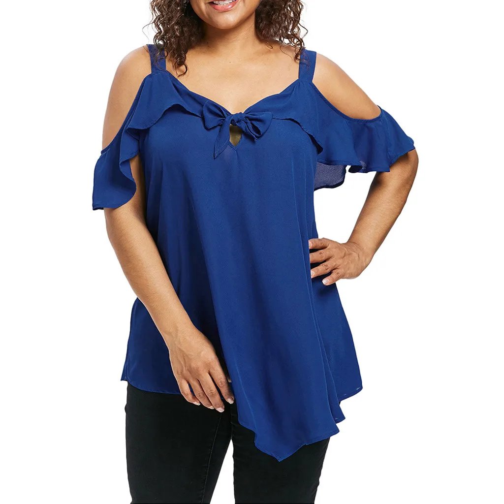 Plus Size Sexy Blouse Women Summer Cold Shoulder Solid Color Purple Black Short Sleeve Tops Shirt 2022 Camisas Clothing