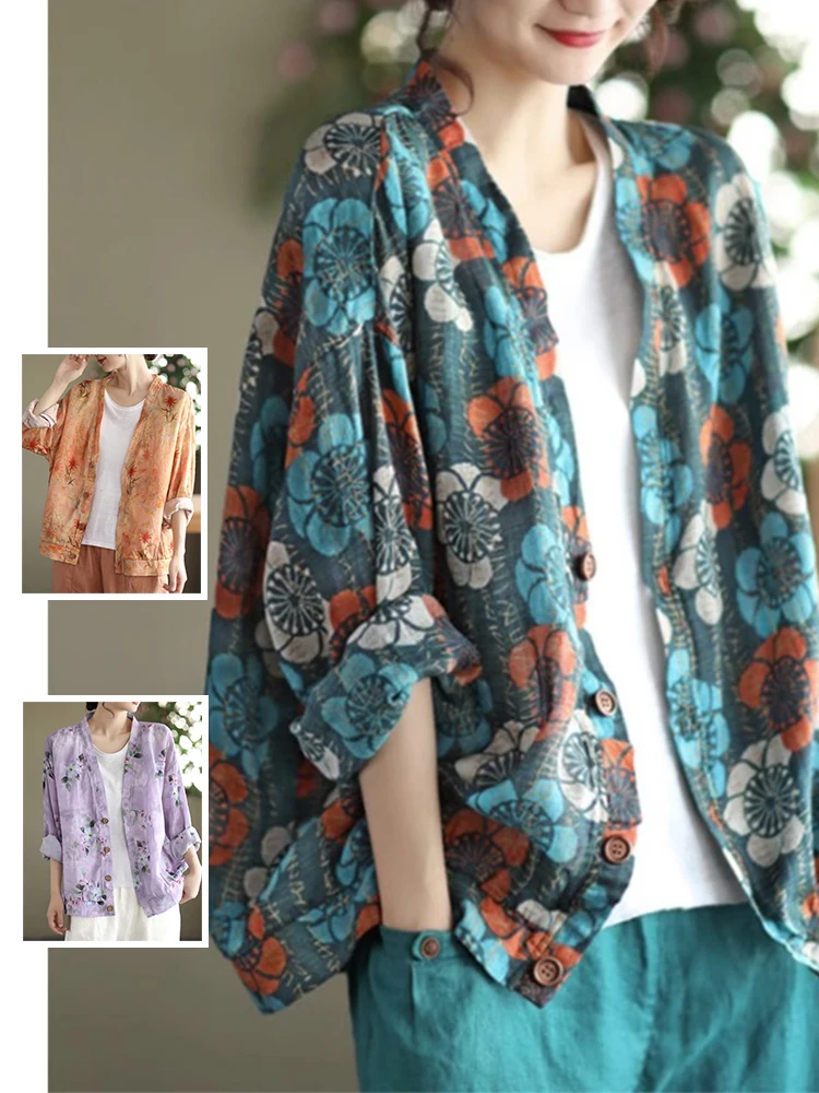 

Faionable женский хлопково-льняной принт большого размера, длинный све irt V-Ne, повседневный универсальный открытый кардиган, верхняя одежда на осень