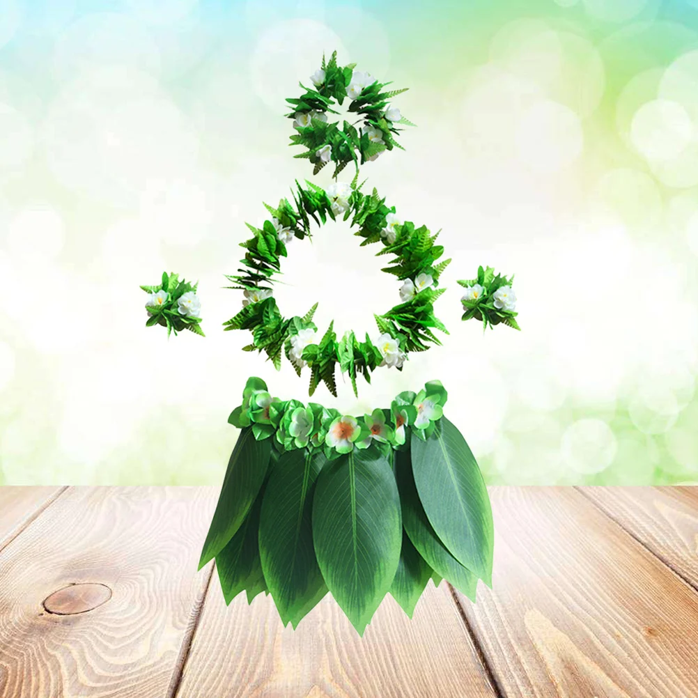 5-teiliges hawaiianisches Partyzubehör-Set, 23,6 Zoll Taille, grüner Grasrock, Hula-Kostüm mit Halskette, Armbändern, Stirnband, Luau
