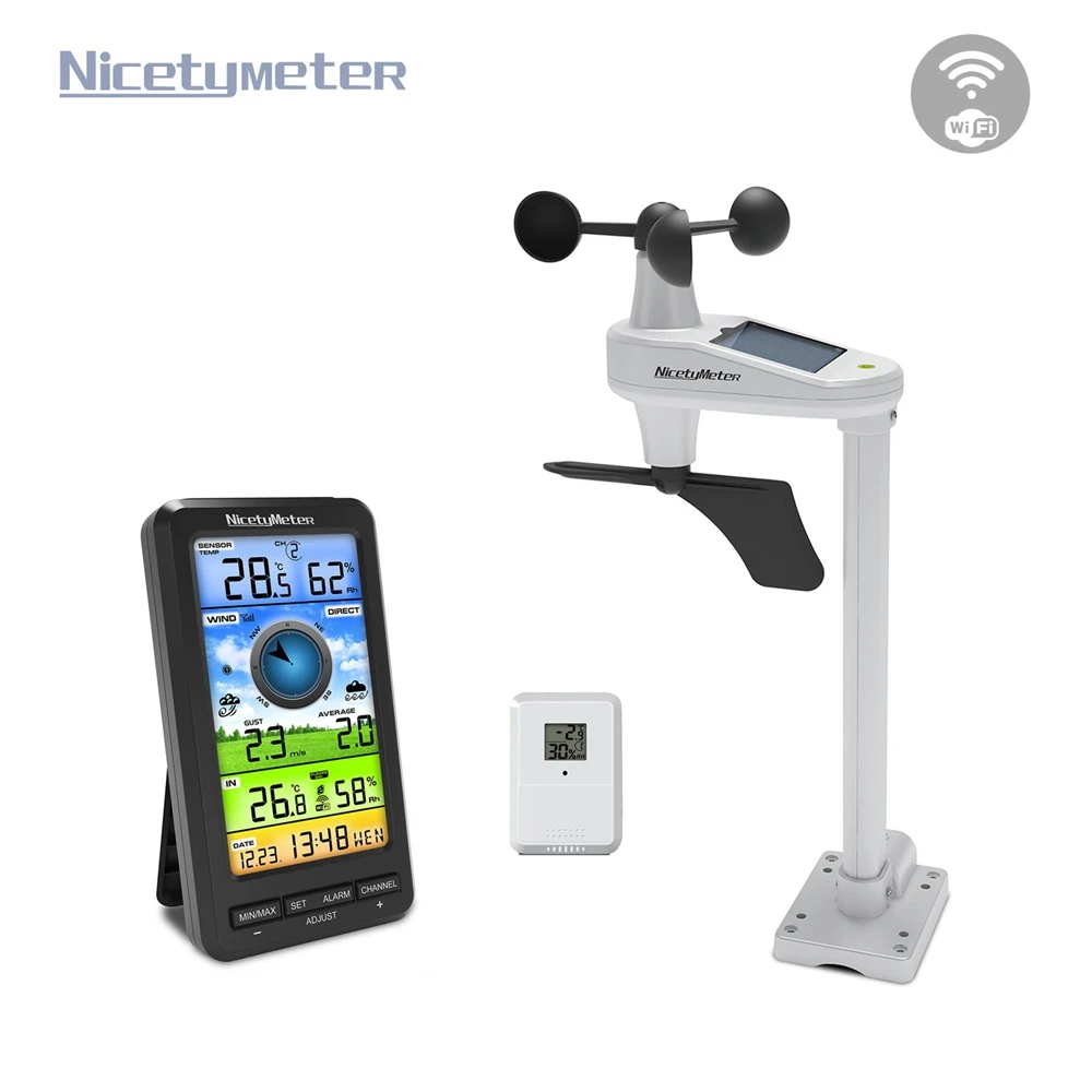 Nicetymeter WiFi Weather Station Anemometer Color LCD Thermometer Hygrometer Solar Wind Speed Gust Direction Monitor Alarm Clock