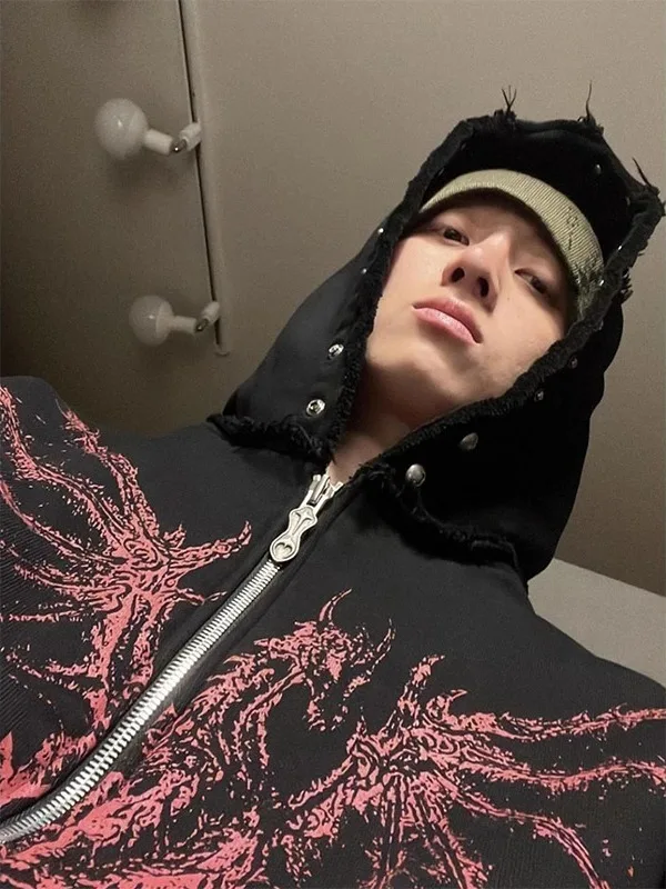 

Heavyweight Dragon Bone Devil Print Rivet Weathered Loose Long Sve Zipper Hoodie Jaet Youth k Sle Versatile Outerwear