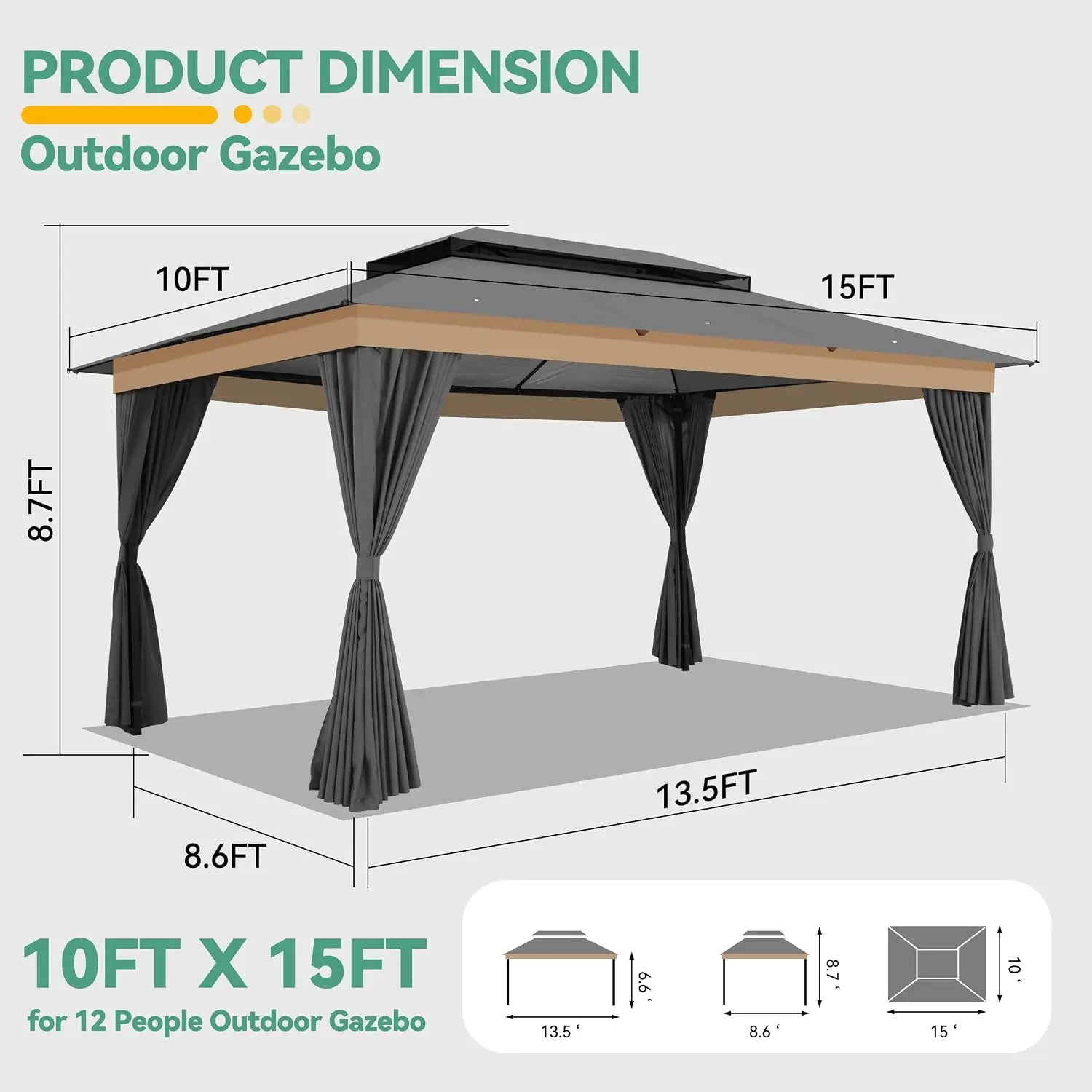 Outdoor Gazebo 10x15 Privacy Curtains Gray Soft Top Double Roof Dual Ceiling Hooks Steel Frame Backyard Deck Garden, Customized