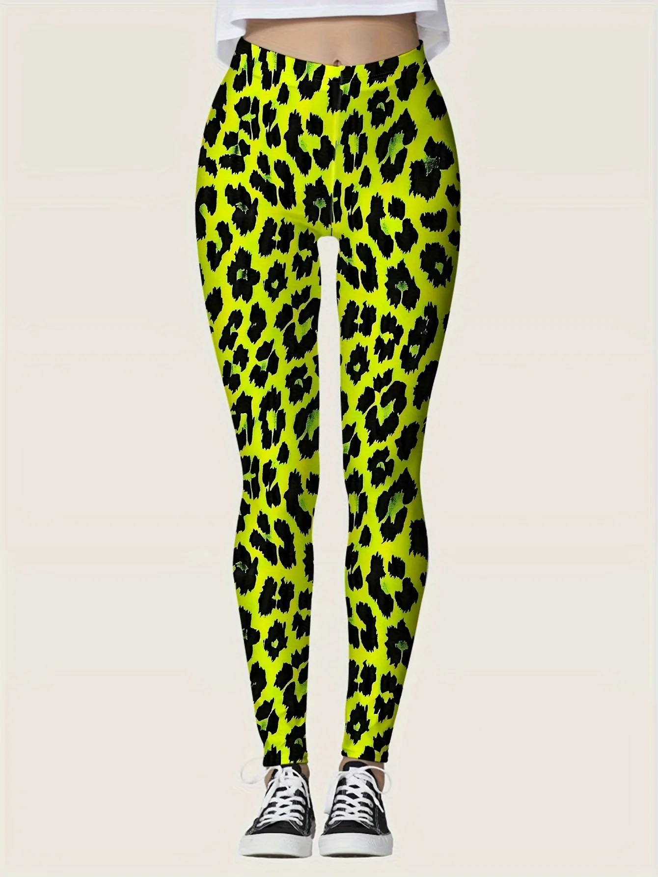 Women Mid‑Rise Fleece Lined Leggings Neon Yellow Leopard Print Warm Elastic Streetwear Casual Pants