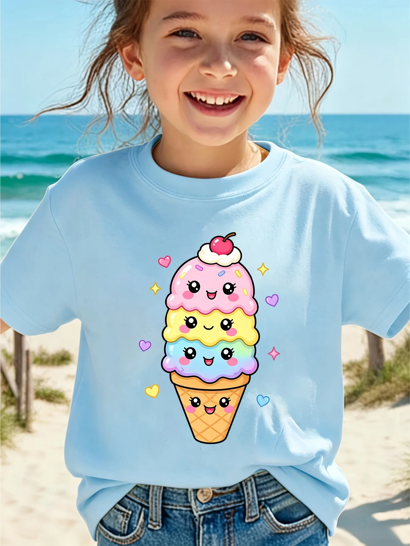 Kids Boys Girls Matching Tee Cute Smiley Rainbow Ice Cream Cartoon Graphic Short Sleeve Crew Neck Toddler Casual Outfit