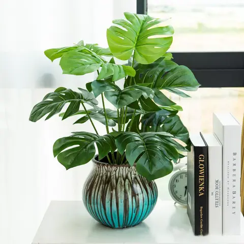 43cm 12 포크 인공 Monstera 나무 녹색 가짜 식물 플라스틱 상록 잎 열대 가짜 팜 리프 홈 가든 장식
