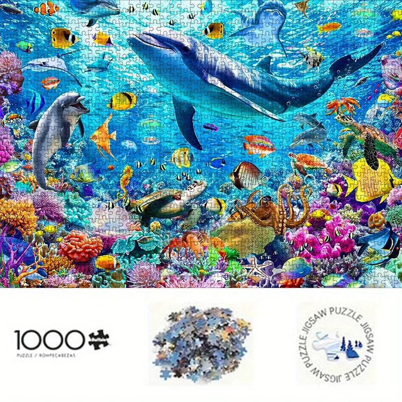 

1000pcs DIY Paper Puzzle, Ocean Life Theme with Marine Animals and Coral Reef, High-Quality White Card Material, Suitable for