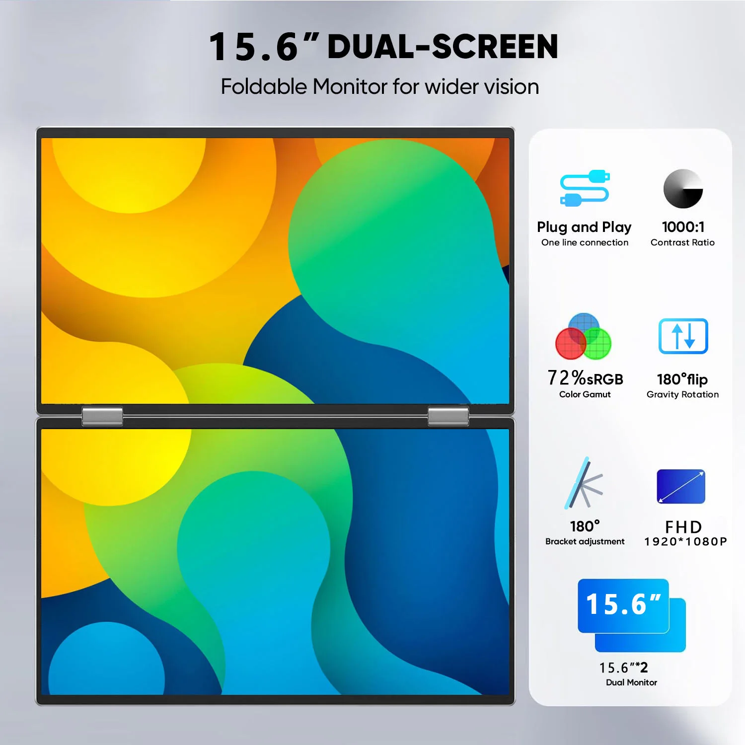 15.6 Inch FHD 1920*1080 IPS Dual Portable Display 72%sRGB 16:9 Wide View Foldable Dual Monitor for Phone Laptop Multi-tasking