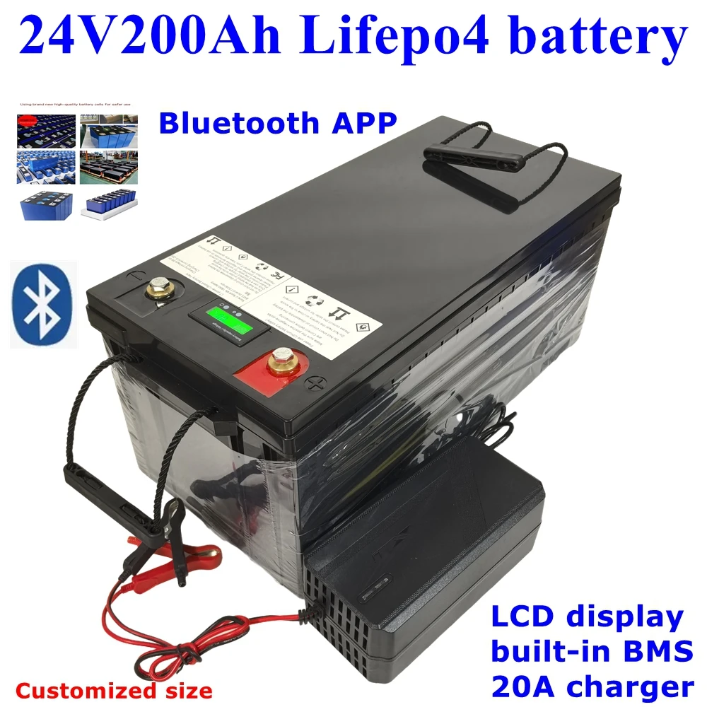 LT-24V 200AH lifepo4 lithium Battery with bluetooth BMS APP for 2000W Inverter Solar RV golf cart backup power + 10A Charger.