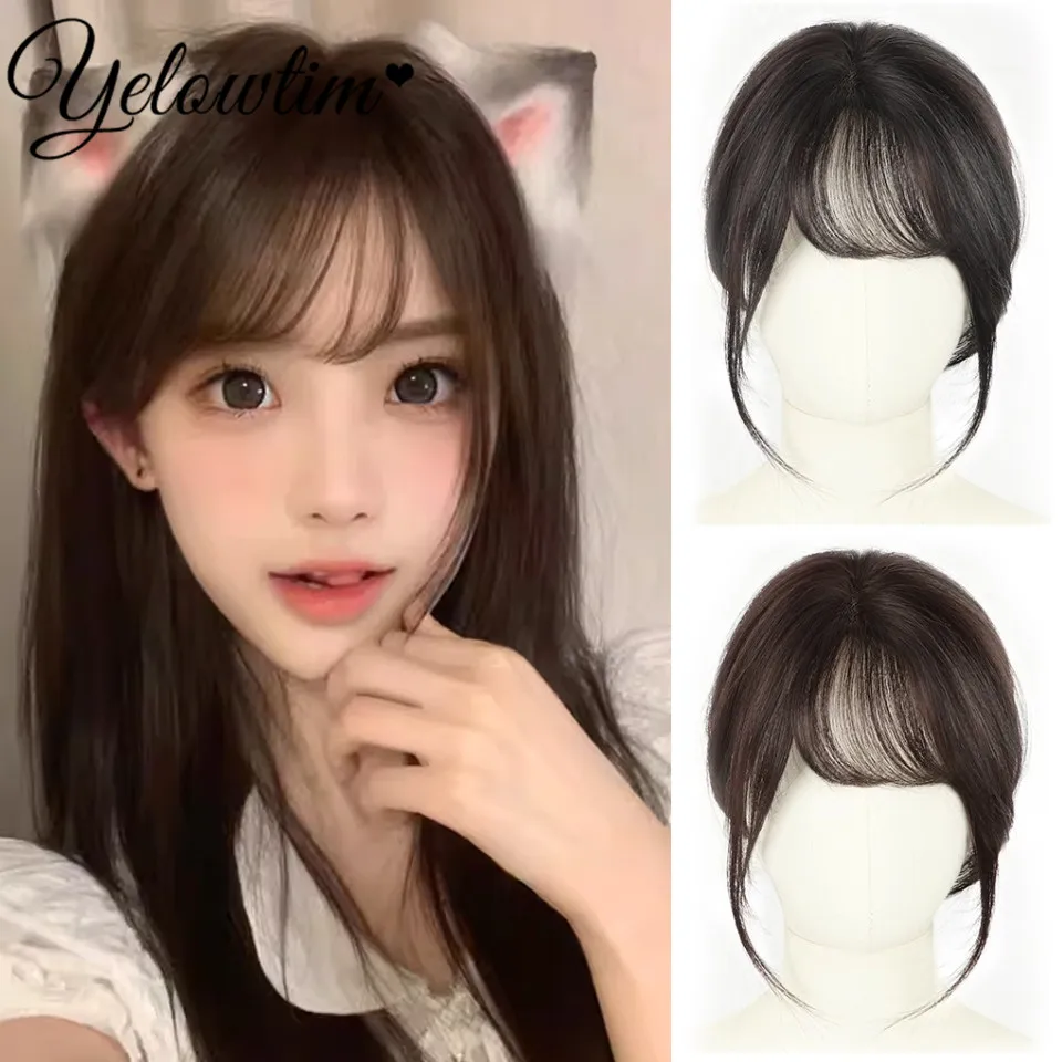 100% Human Hair Bangs Natural Brown Wispy Bang Hair Clip in Bangs Fringe with Temples Hairpiece for Women Clip on Air Bang 4.5in