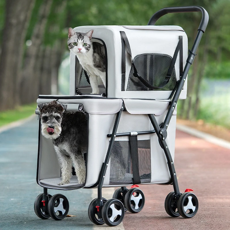 Double Layered Foldable Dog Stroller Portable Cat Carrier Stroller Pet Lightweight Suitcase Stroller Outdoors Travel Trolleys