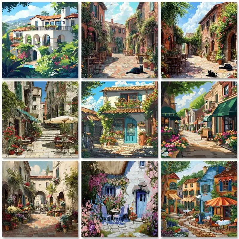 

GATYZTORY Town Street Painting By Numbers For Adults Flowers Picture Handpainted Kits Drawing Coloring By Numbers For Home Decor
