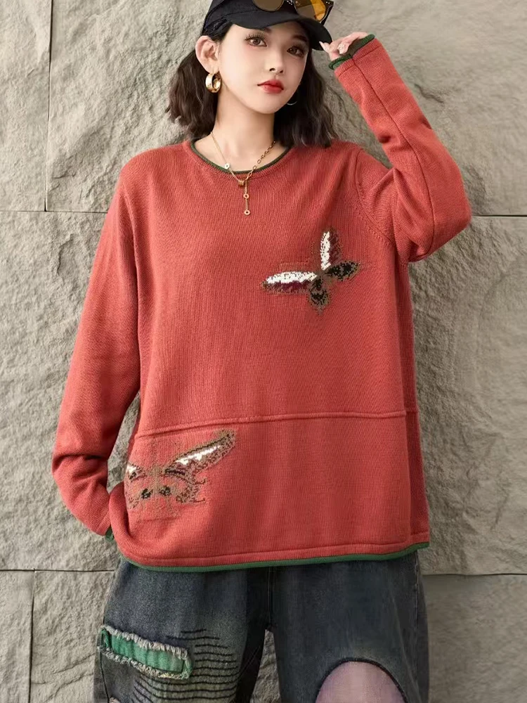 Amax lulue moda coreana jumpers outono feminino casual solto blusas de malha senhoras clássico bordado o pescoço pulôver de grandes dimensões