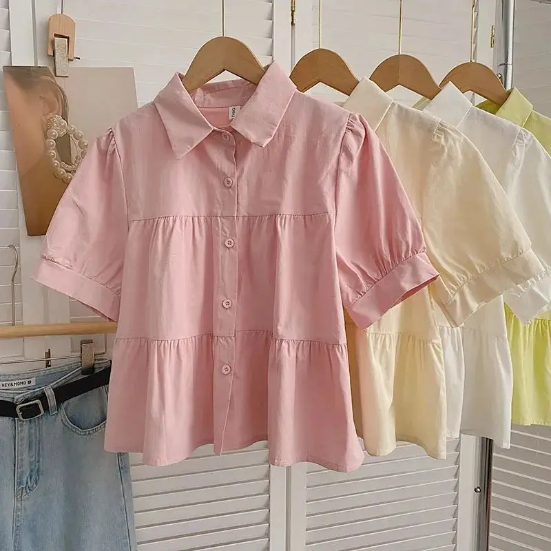 Pink Short Sleeve Shirt Women's Loose Fit Korean Style Pure Color Turn-down Collar Slimming Versatile Summer New Arrival Top