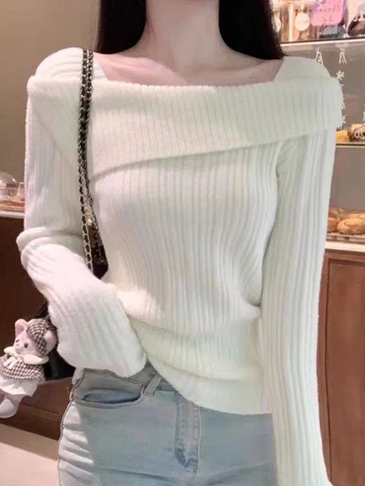 เสื้อไหมพรมแขนยาวสำหรับฤดูใบไม้ร่วงและฤดูหนาว ทรงเข้ารูป สไตล์ลำลอง คอเหลี่ยม ดีไซน์หรูหรา แฟชั่นสำหรับผู้หญิง