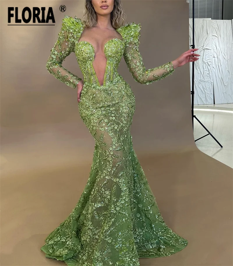 Green Flower Appliques Lace Mermaid Evening Dress Long Sleeves Beaded Prom Dresses Wedding Party Gowns Custom Made Robe de soire