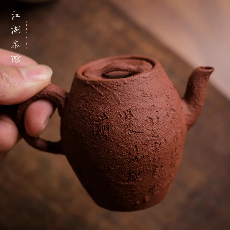 20 Mesh Coarse Sand Handcrafted Old Vermilion Clay HigH Handled TeapoT 165cc CeramiC TexTure Style Yixing Handmade PurPle