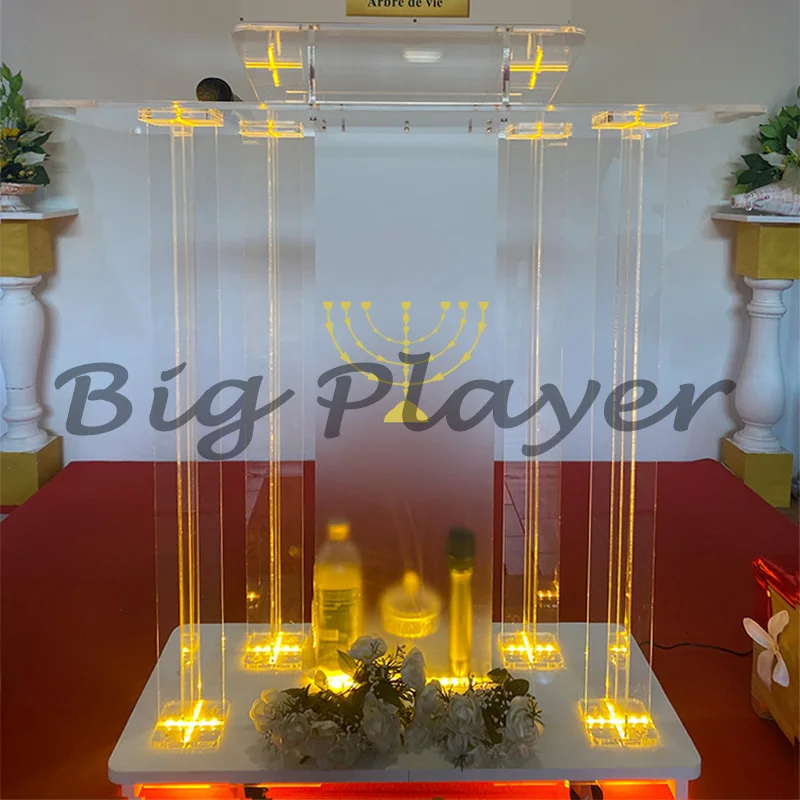 طاولة يردد كريستال أوروبية مخصصة، طاولة محاضرة متقاطعة، طاولة Affidavit، مكبر صوت شفاف مضيء من الأكريليك #2