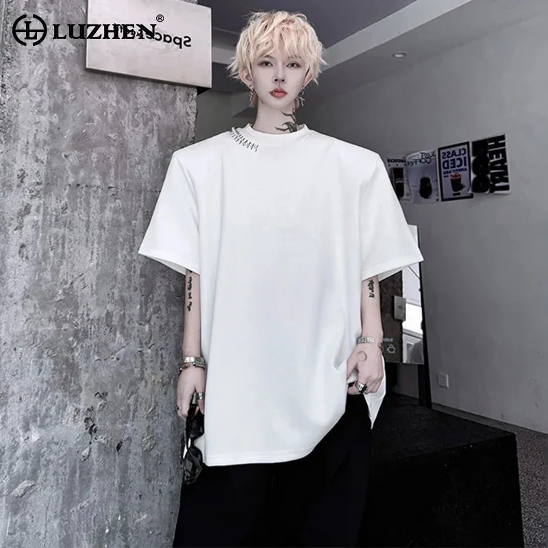 

LUZHEN короткие модные оригинальные лоскутные топы с металлической пряжкой и круглым вырезом, мужские красивые свободные наплечники, мужская футболка JY2712