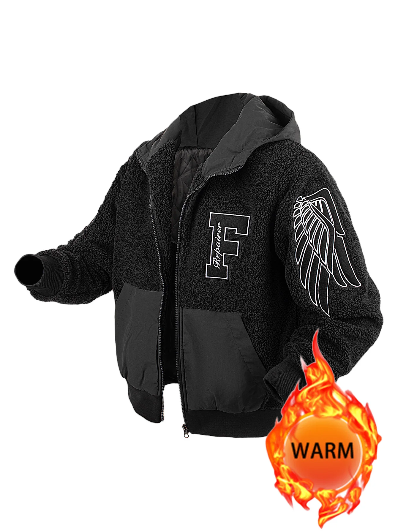 

Мужская флисовая куртка на молнии с капюшоном, утолщенная теплая осенне-зимняя верхняя одежда с карманами, повседневное свободное пальто с вышивкой букв