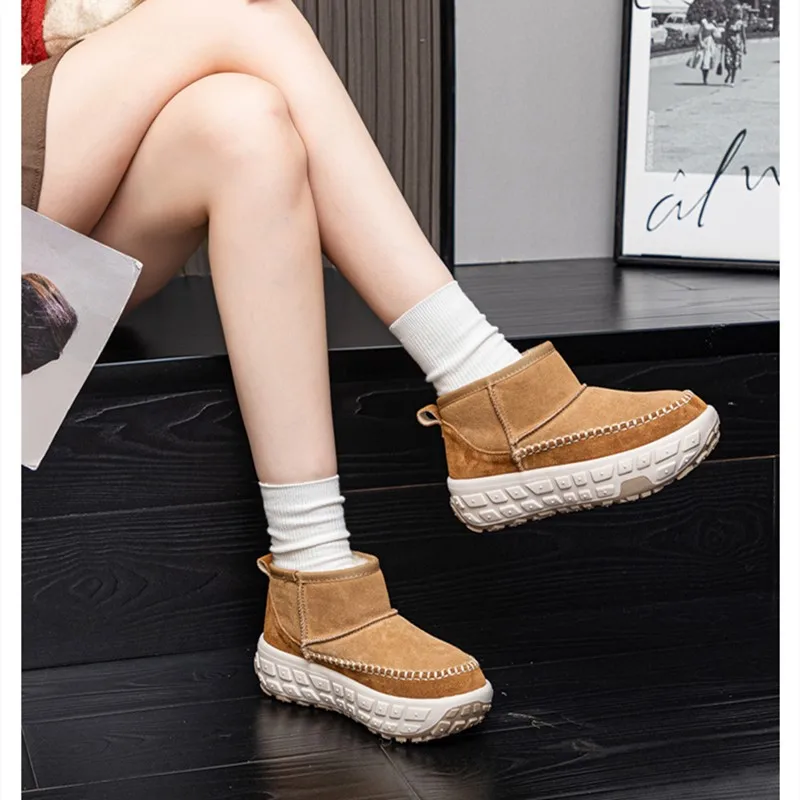 Snow Boots Women's Winter 2024 New Leather Women's Ankle Boots Heightened Flat Fashionable Padded Thermal Boots Women's