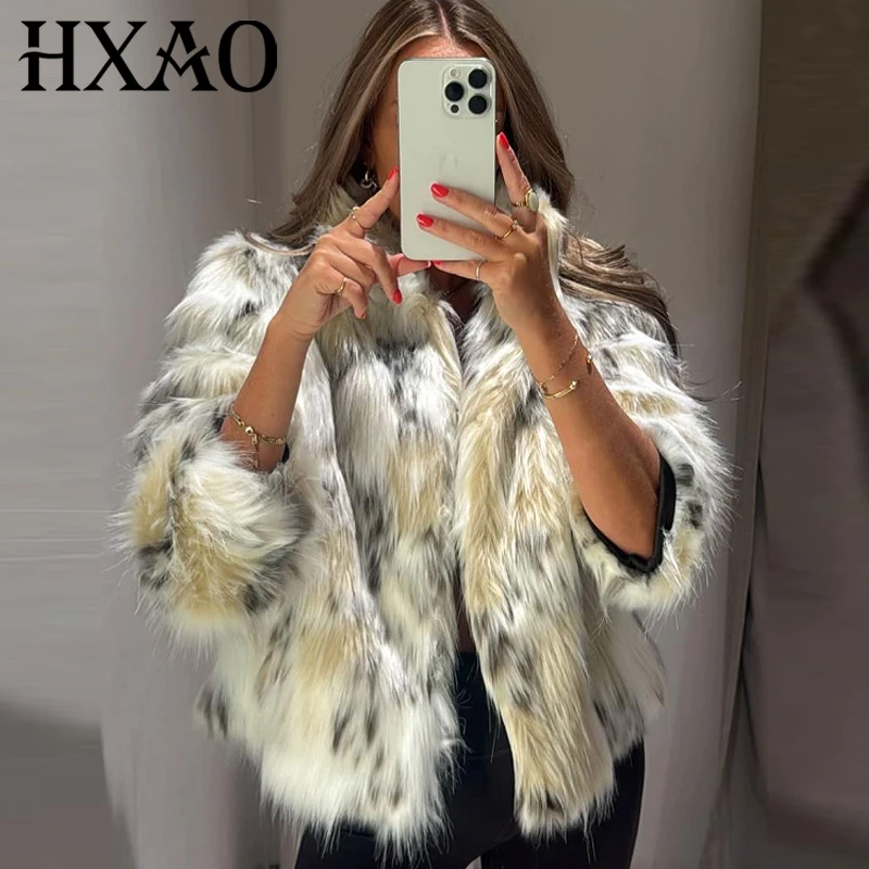 HXAO ليوبارد فو الفراء معطف سترة نسائية خريف شتاء 2025 المحاصيل رقيق ملابس خارجية شعر كم طويل محشوة سترة أفخم معطف #1