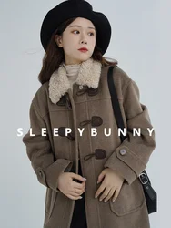 Vintage Wool-Like Horn Coat with Lamb Wool Collar Stylish Cozy Women Wool-Like Overcoat Warm Elegant Outerwear for Fall Winter
