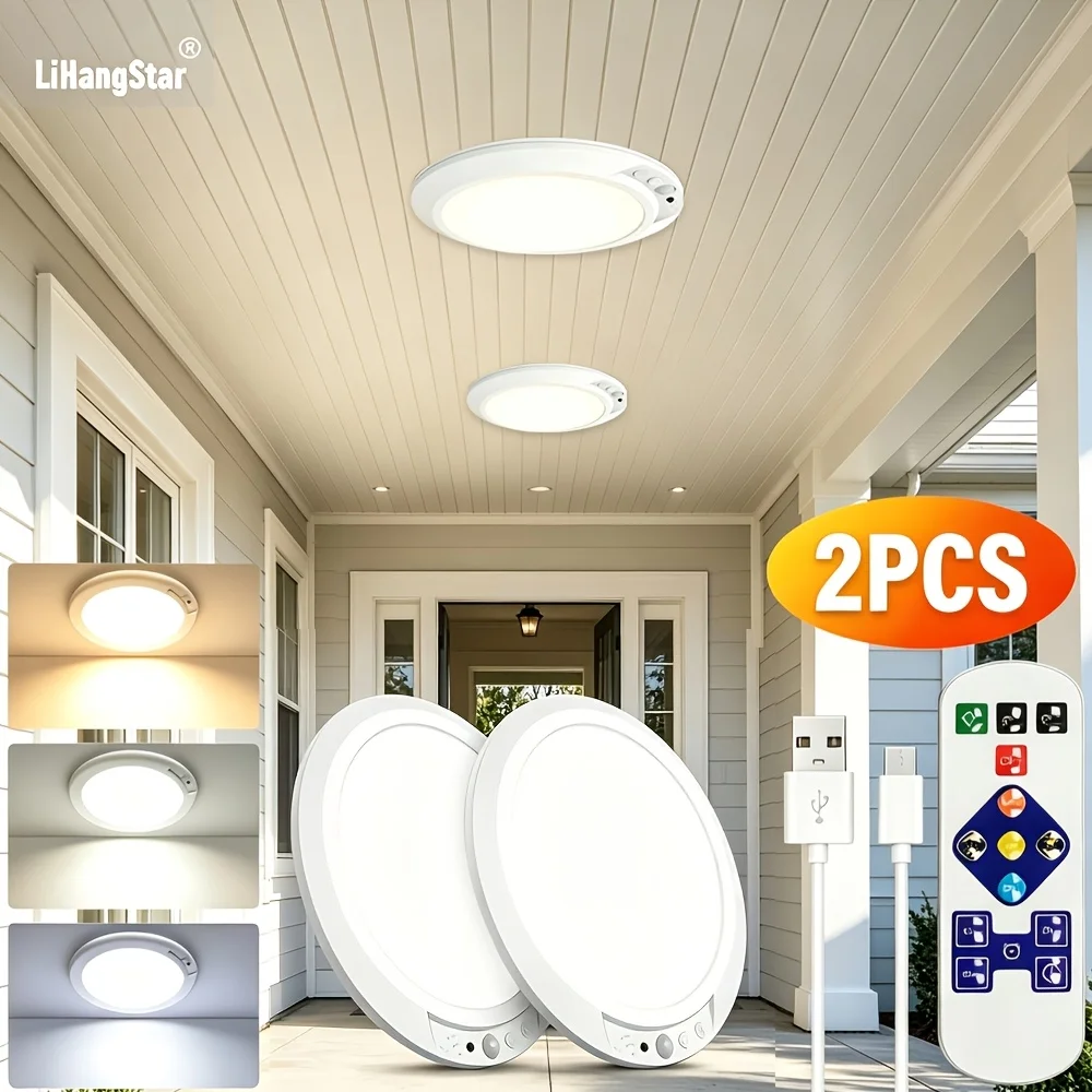 Set di lampade da soffitto a sensore di movimento LiHangStar, composto da due elementi, dotato di sensore di movimento, telecomando per regolare la temperatura del colore, la luminosità e le funzioni