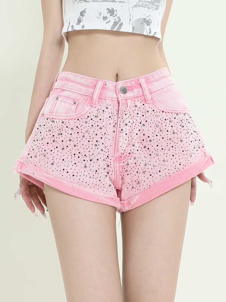 

Vintage Beaded Low Waist Denim Shorts Summer New A-Line Rolled Pink Shorts Girl Y2K Streetwear Sexy Pole Dancing Shorts Clothing