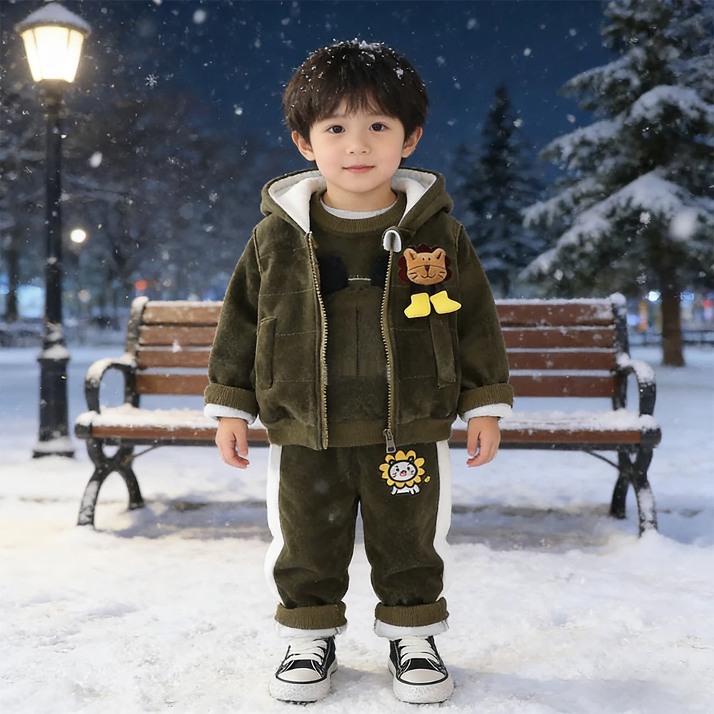 

Boys Autumn Winter Costume 3Pcs Sets For Children Thickened Keep Warm Clothing Outdoor Baby Girl Clothes Cartoon Lion Cute Suit