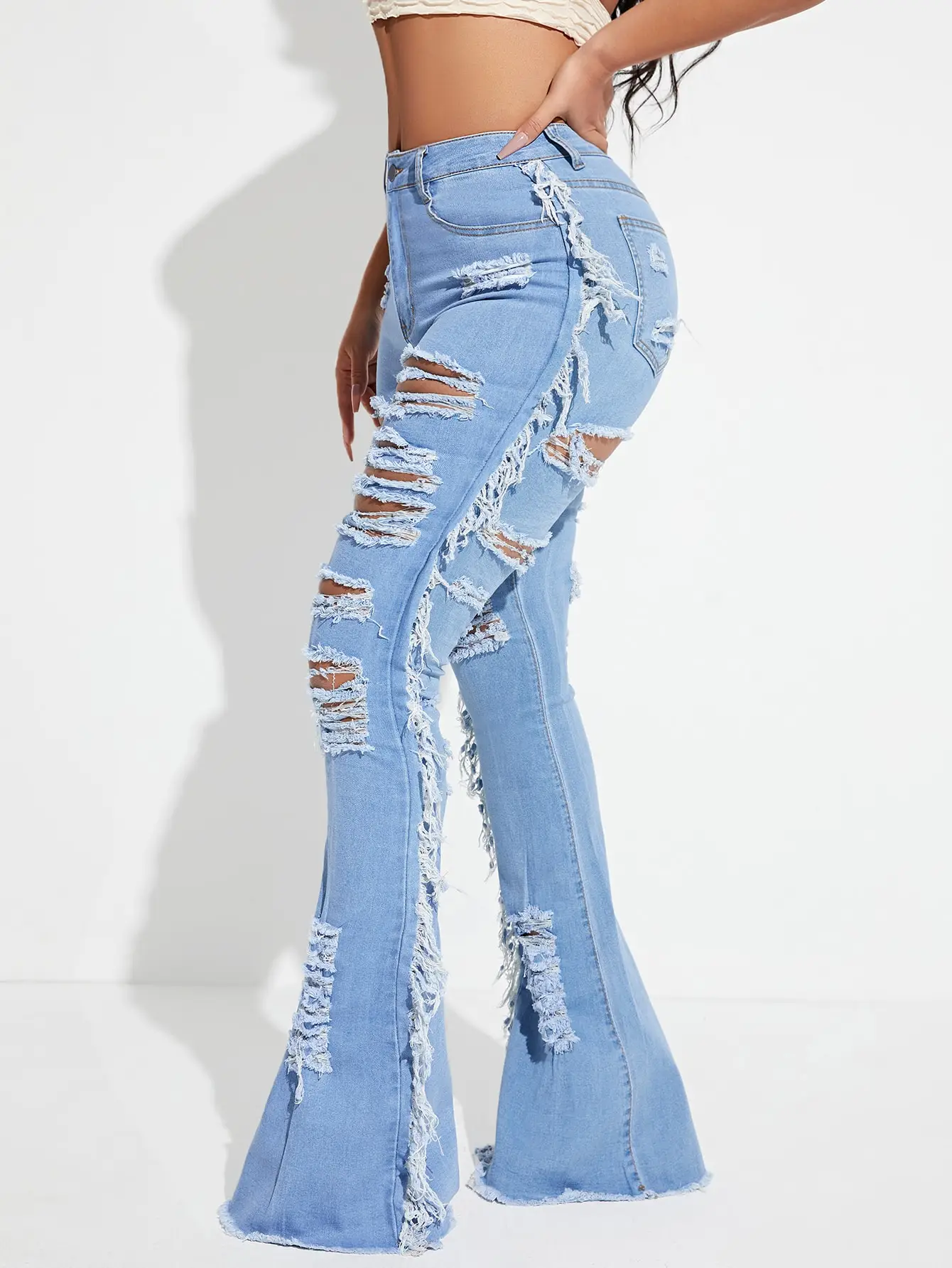 Women's jeans pants trendy street casual cut holes high waist jeans Bell-bottoms