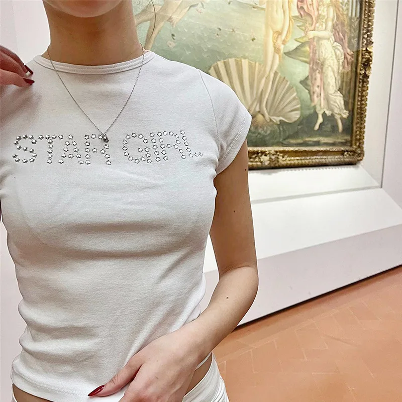 

Rhinestones Star Girl Letter Print Sexy Y2k Aesthetic Goth Grunge Vintage Crop Tops Summer T-shirt Cute Emo Girl Slim Streetwear