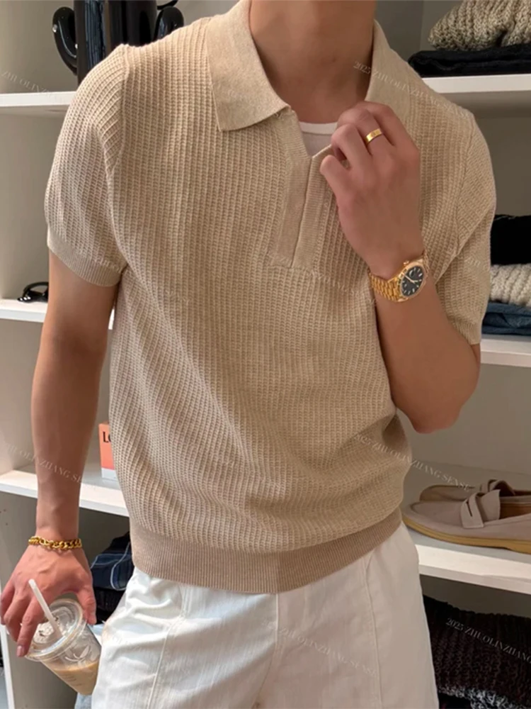 Polo en tricot à manches courtes pour hommes, Simple, à la mode, couleur unie, été, hauts tricotés, Vintage, col rabattu, printemps