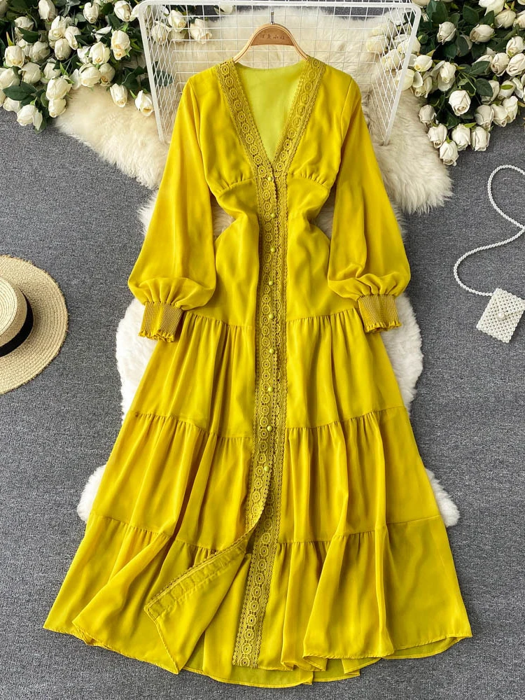 French Vintage Ethnic Style Beach Vacation Party A-line Dress Spring V-neck Lantern Sleeves High Waist Lace Robe Vestidos